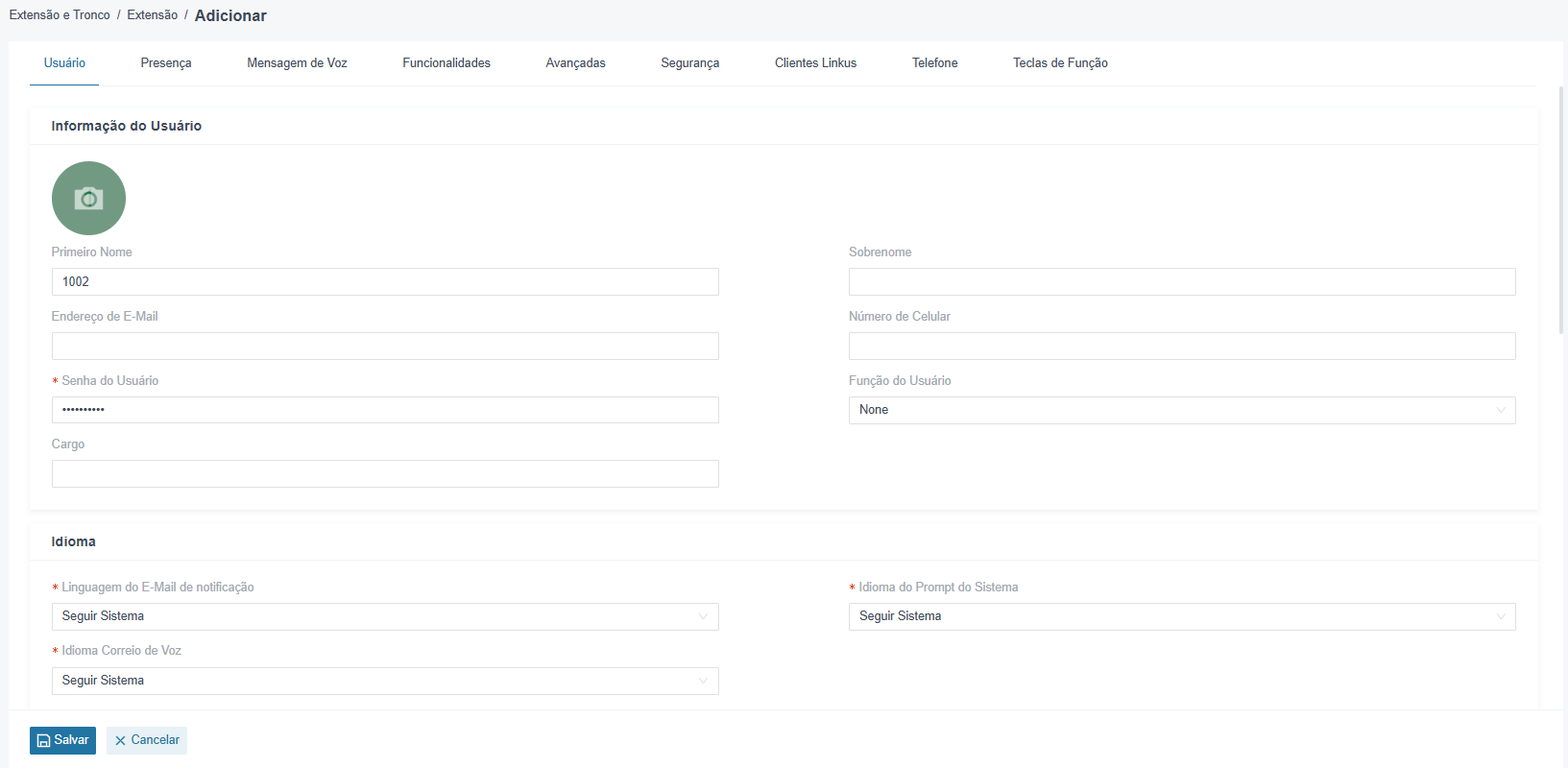 Virtual-Call Cloud PABX — Adicionar Ramal