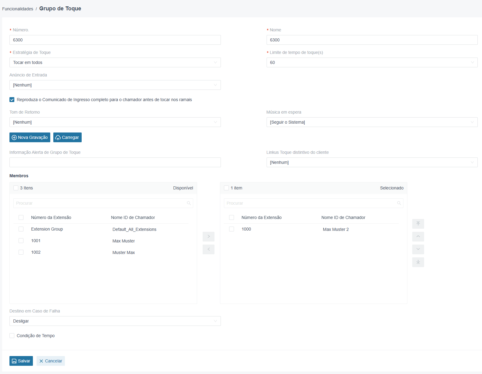 Virtual-Call Cloud PABX — Criar um grupo de toque