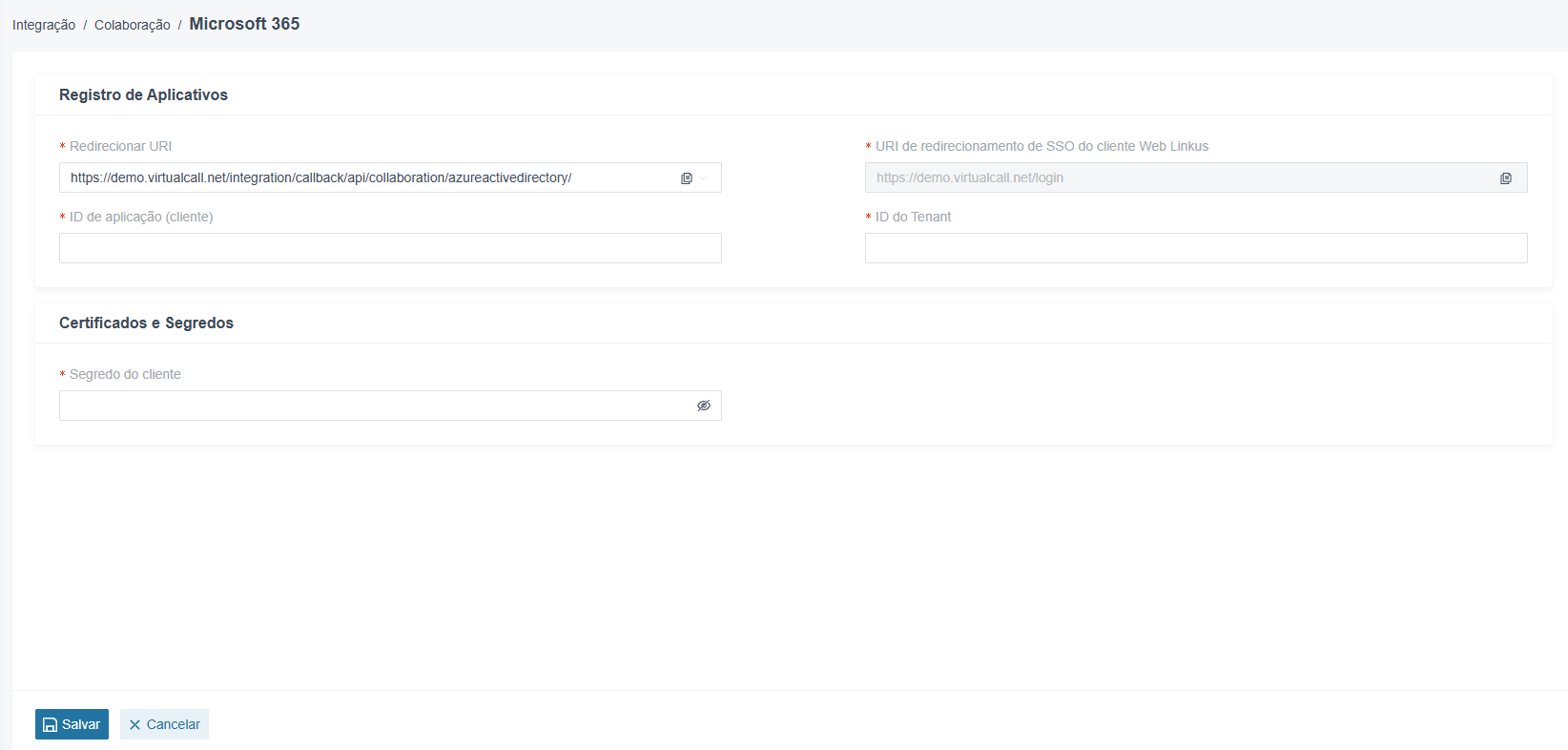 Virtual-Call Cloud PABX - Configuração Entra ID