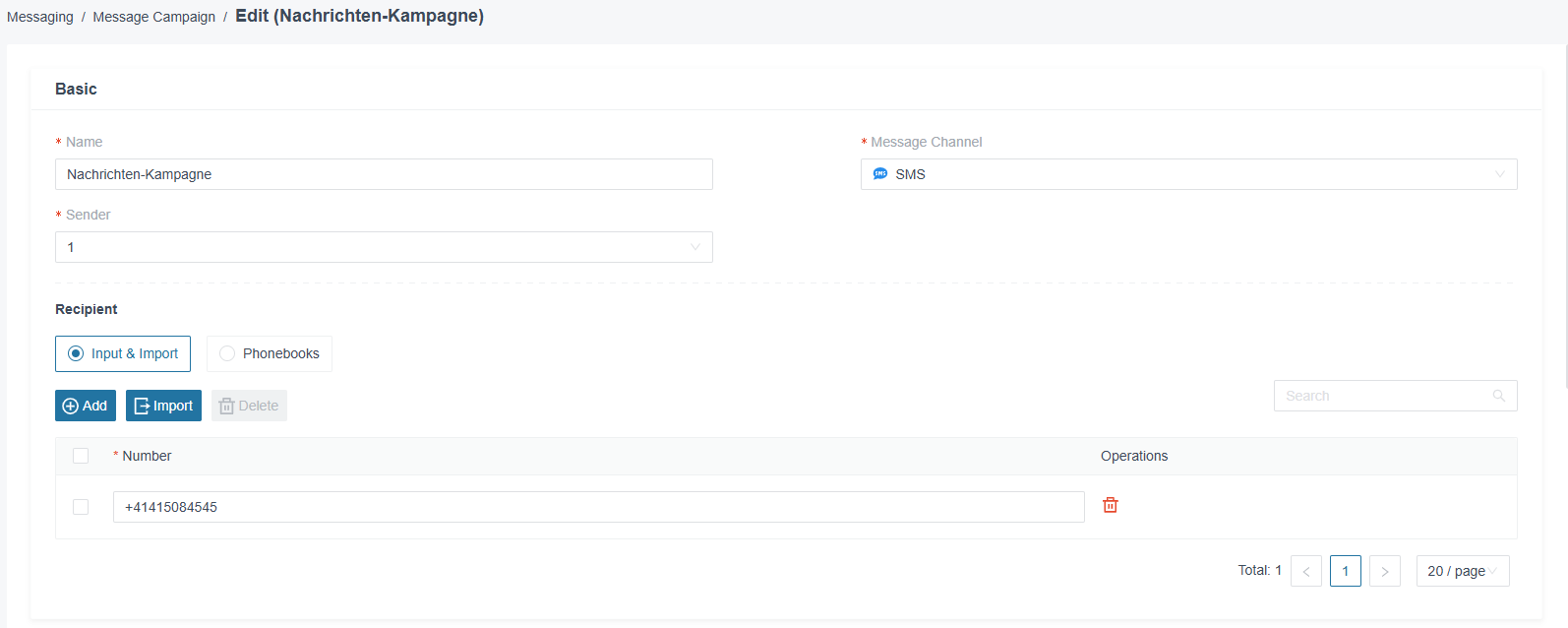 Message Campaign — basic settings and recipients