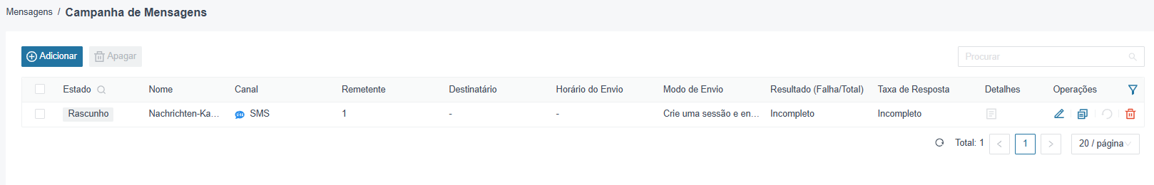 Campanha de Mensagens — lista de campanhas